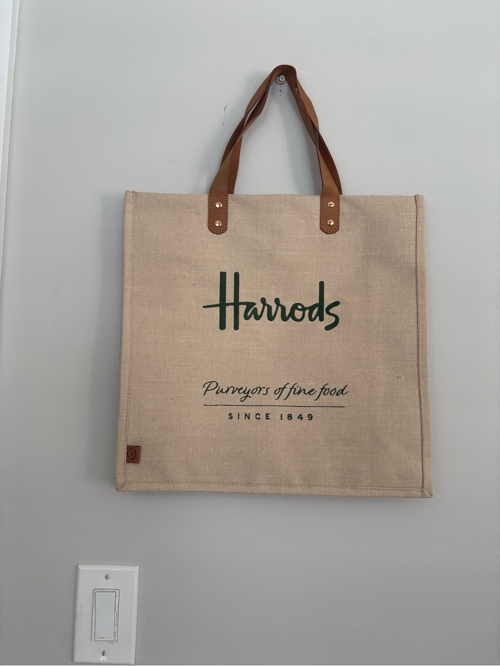 Harrods Beige Canvas Tote with Brown Leather Straps and Green Logo